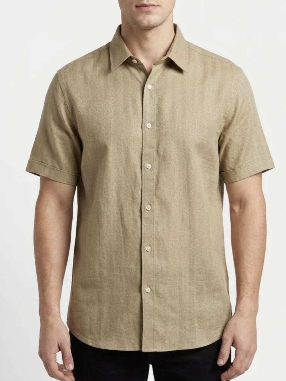Michael Kors Linen Blend Men's Short Sleeve Button-Down Shirt in Khaki, size M